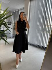 My 3715 Siyah Kemerli Midi Elbise