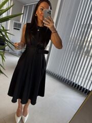 My 3715 Siyah Kemerli Midi Elbise