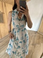 Turquoise palm linen dress