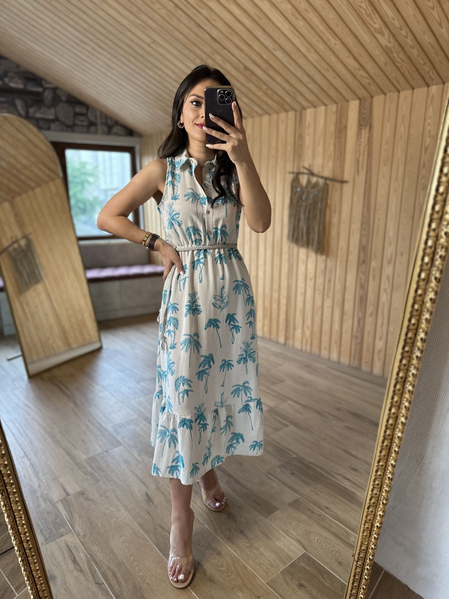 Turquoise palm linen dress