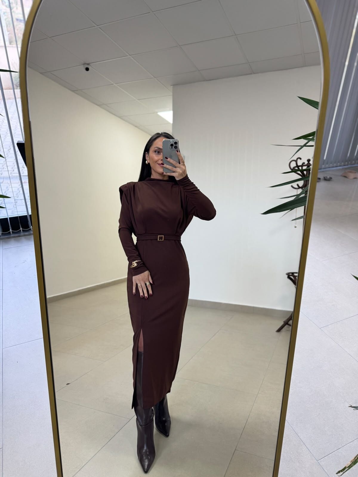 My 3587 Gold Kare Tokalı Kahve Kalem Elbise