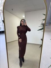 My 3587 Gold Kare Tokalı Kahve Kalem Elbise
