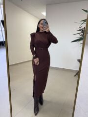 My 3587 Gold Kare Tokalı Kahve Kalem Elbise
