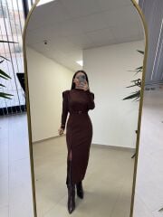 My 3587 Gold Kare Tokalı Kahve Kalem Elbise