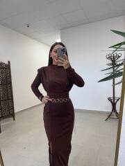My 3587 Gold Kare Tokalı Kahve Kalem Elbise