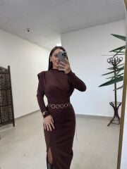 My 3587 Gold Kare Tokalı Kahve Kalem Elbise