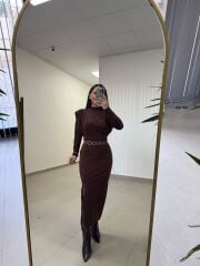 My 3587 Gold Kare Tokalı Kahve Kalem Elbise