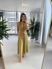 Fw 8078 Sırt Dekolteli Yağ Yeşili Keten Elbise