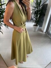 Fw 8078 Sırt Dekolteli Yağ Yeşili Keten Elbise