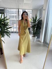 Fw 8078 Sırt Dekolteli Yağ Yeşili Keten Elbise