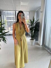 Fw 8078 Sırt Dekolteli Yağ Yeşili Keten Elbise