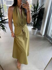 Fw 8078 Sırt Dekolteli Yağ Yeşili Keten Elbise
