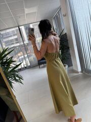 Fw 8078 Sırt Dekolteli Yağ Yeşili Keten Elbise