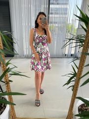 Mc 5874 Fuşya Renk Geçişli Kalp Yaka Elbise