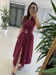 My 3922 Gold Tokalı Düğmeli Bordo Elbise