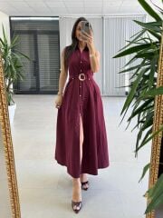 My 3922 Gold Tokalı Düğmeli Bordo Elbise