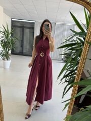 My 3922 Gold Tokalı Düğmeli Bordo Elbise