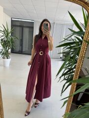My 3922 Gold Tokalı Düğmeli Bordo Elbise