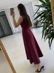 My 3922 Gold Tokalı Düğmeli Bordo Elbise