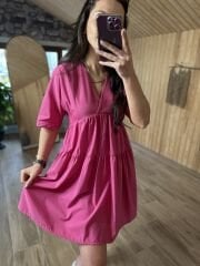 Kısa kollu pembe poplin elbise