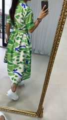 Yeşil Mavi Kendinden Kemerli Pamuk Keten Elbise