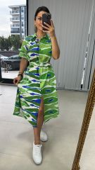 Yeşil Mavi Kendinden Kemerli Pamuk Keten Elbise