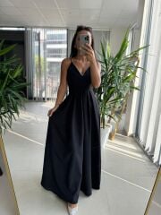 My 3795 Askılı V Yaka Taşlı Siyah Maksiboy Elbise