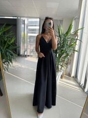 My 3795 Askılı V Yaka Taşlı Siyah Maksiboy Elbise