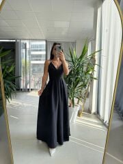 My 3795 Askılı V Yaka Taşlı Siyah Maksiboy Elbise