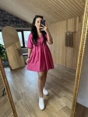 Kısa kollu pembe poplin elbise