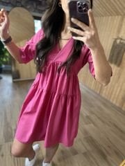 Kısa kollu pembe poplin elbise