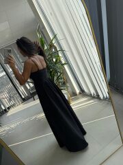 My 3795 Askılı V Yaka Taşlı Siyah Maksiboy Elbise