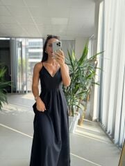 My 3795 Askılı V Yaka Taşlı Siyah Maksiboy Elbise