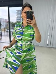 Yeşil Mavi Kendinden Kemerli Pamuk Keten Elbise