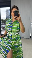 Yeşil Mavi Kendinden Kemerli Pamuk Keten Elbise