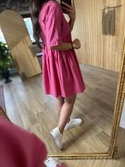 Kısa kollu pembe poplin elbise