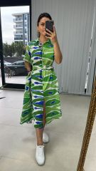 Yeşil Mavi Kendinden Kemerli Pamuk Keten Elbise