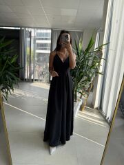 My 3795 Askılı V Yaka Taşlı Siyah Maksiboy Elbise