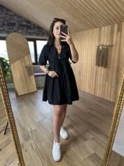 Kısa kollu siyah poplin elbise