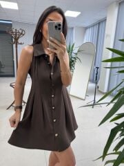 Kd 7849 Pileli Kahve Gömlek Elbise
