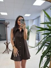 Kd 7849 Pileli Kahve Gömlek Elbise