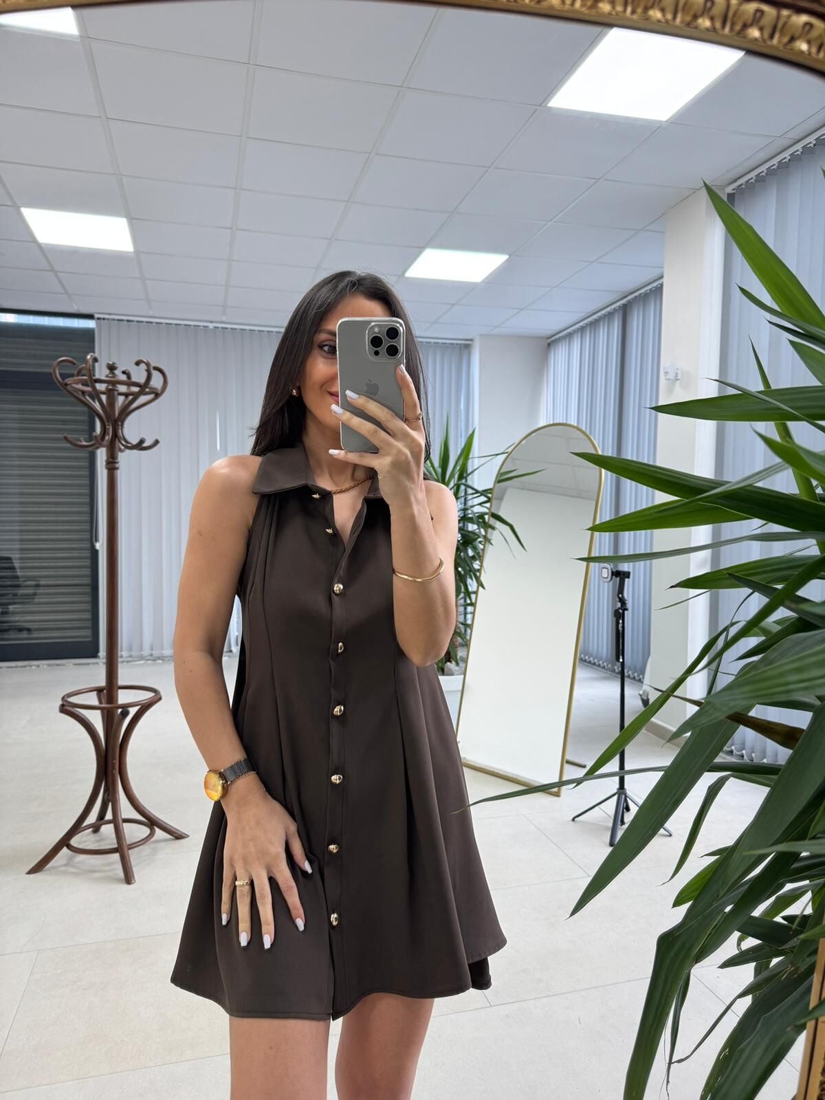 Kd 7849 Pileli Kahve Gömlek Elbise