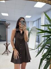 Kd 7849 Pileli Kahve Gömlek Elbise