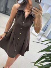 Kd 7849 Pileli Kahve Gömlek Elbise