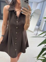 Kd 7849 Pileli Kahve Gömlek Elbise