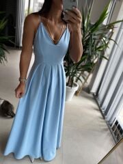 My 3795 Askılı V Yaka Taşlı Bebe Mavi Maksiboy Elbise