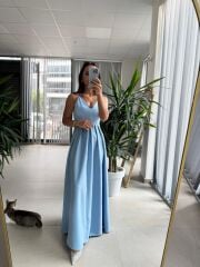 My 3795 Askılı V Yaka Taşlı Bebe Mavi Maksiboy Elbise