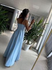 My 3795 Askılı V Yaka Taşlı Bebe Mavi Maksiboy Elbise