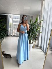 My 3795 Askılı V Yaka Taşlı Bebe Mavi Maksiboy Elbise