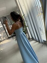 My 3795 Askılı V Yaka Taşlı Bebe Mavi Maksiboy Elbise